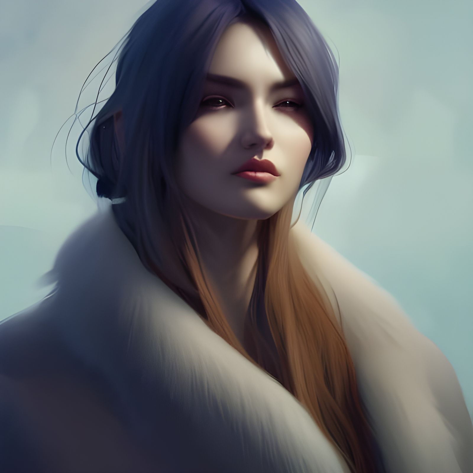 Detailed Portrait in Fur Coat, Art Nouveau Style