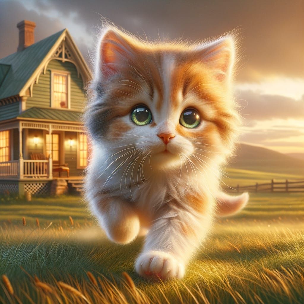 Fluffy Kitten Running Home to Country House at Sunset