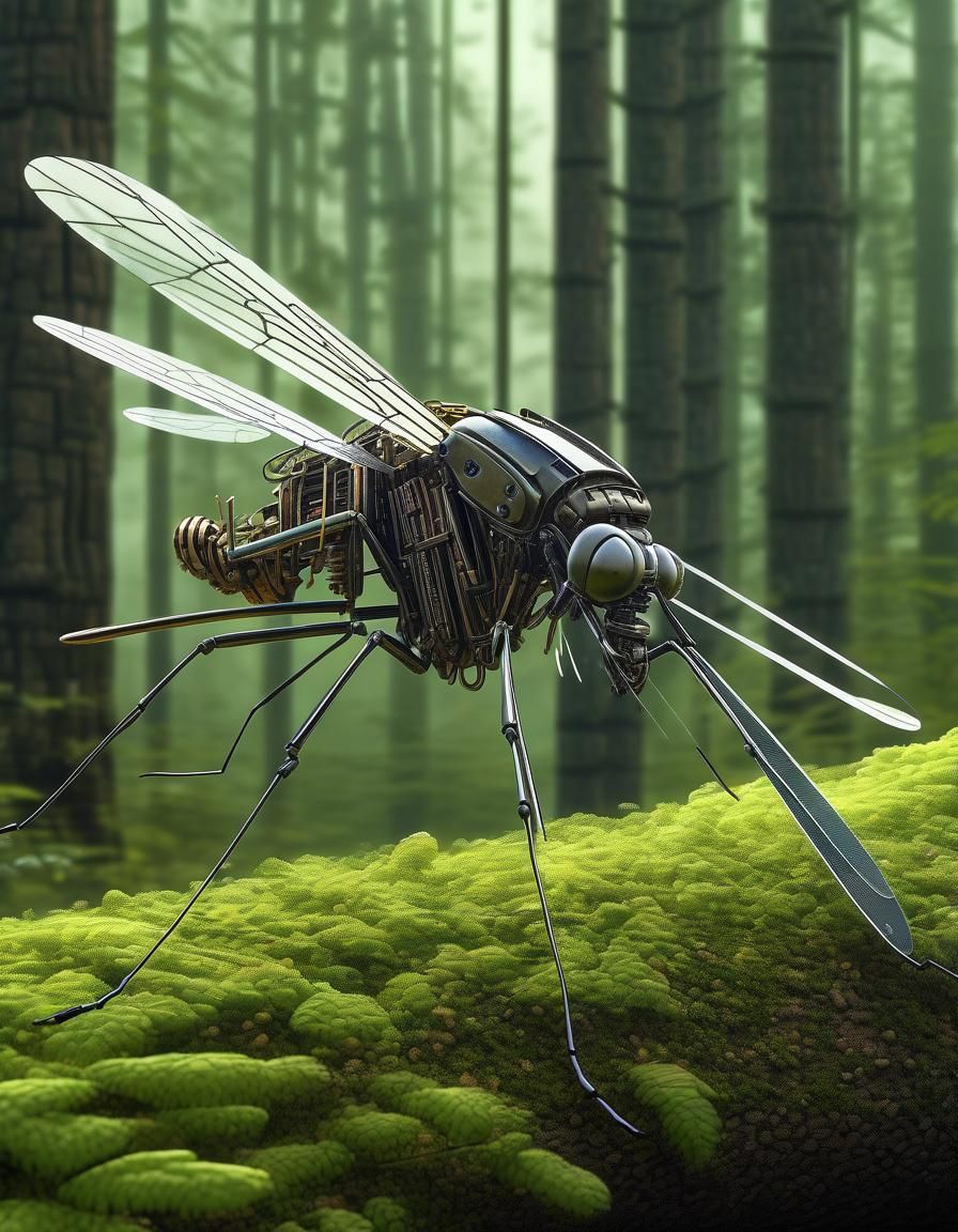 Mechanical Mosquito in Cyberpunk Forest