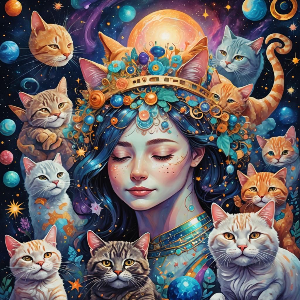 Cosmic Mother with Cat, Holographic Illustration