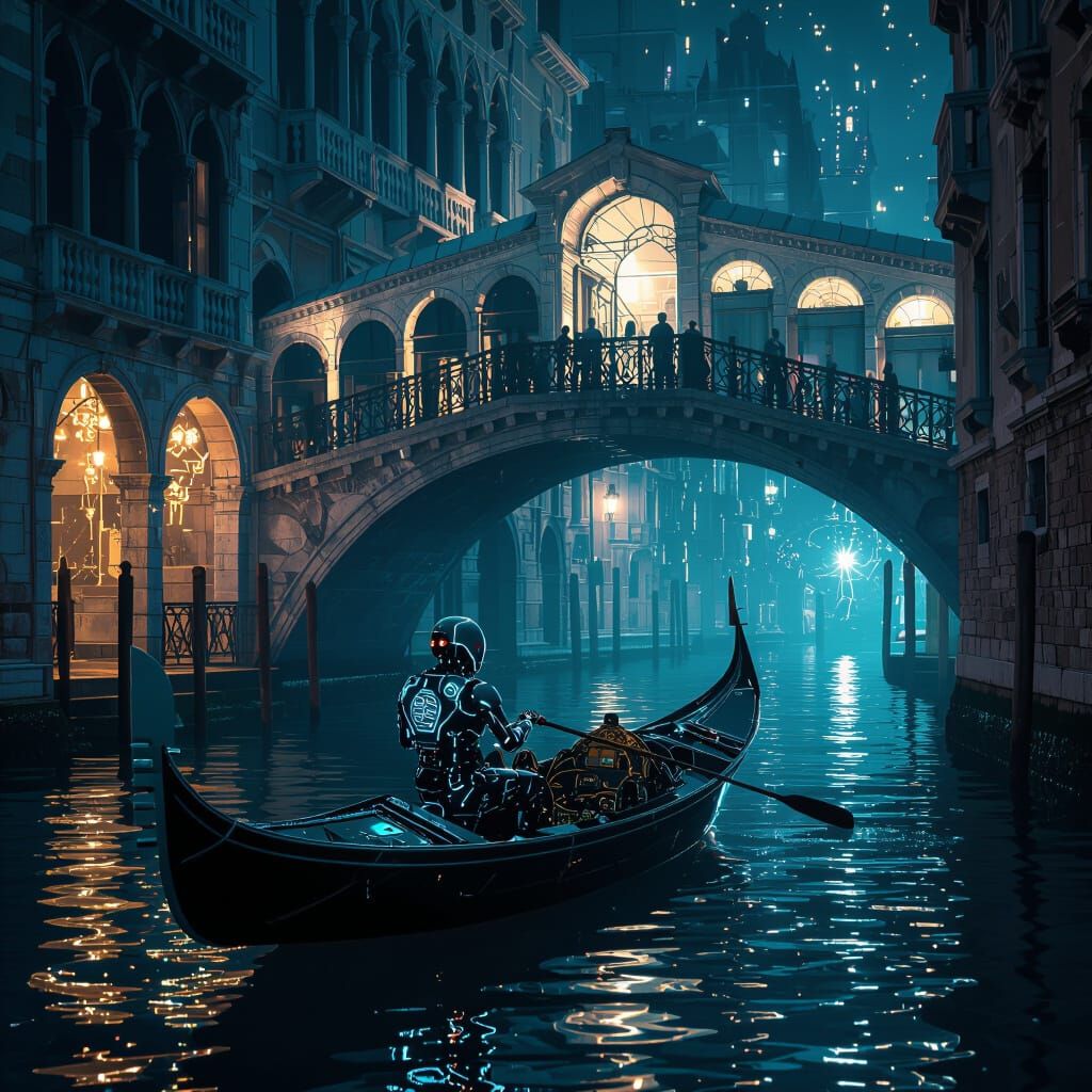 Futuristic Cyborg Gondolier in Venice Canal