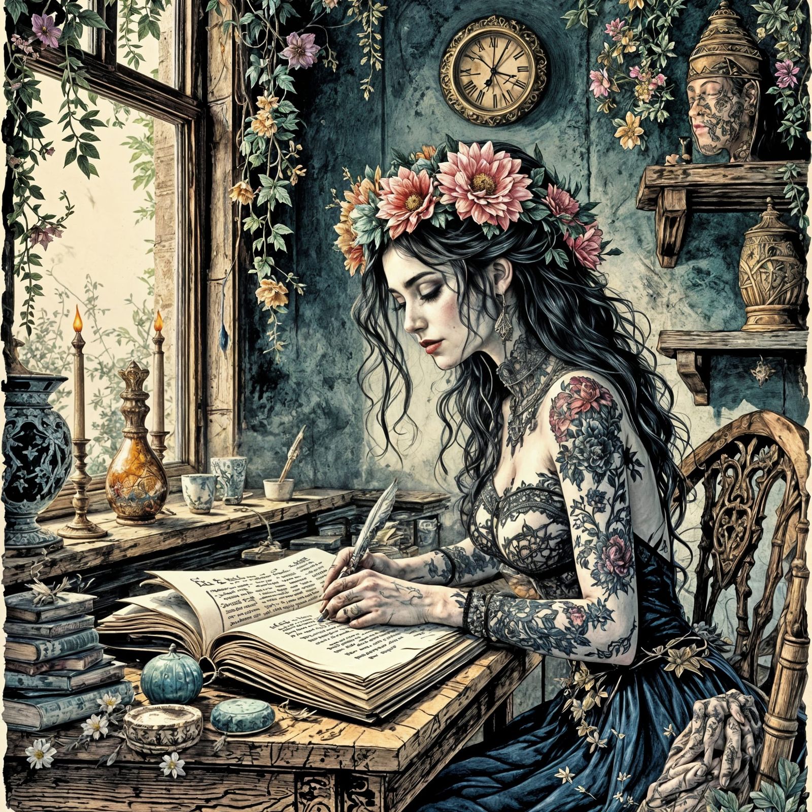 Fairy Tale Witch at Her Quaint Cottage Desk