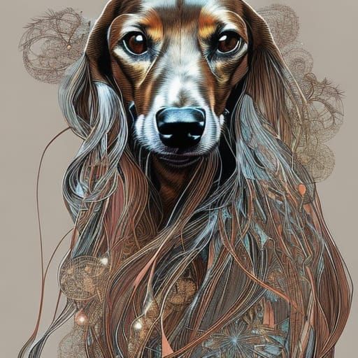 Long-Haired Dachshund Portrait with Bronze Outlines