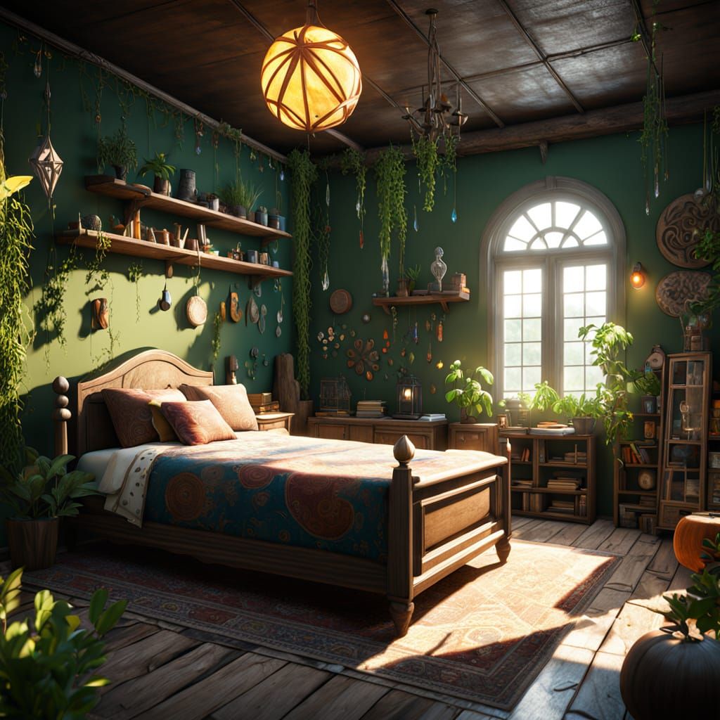 Boho Bedroom with Crystals in 3D Game Style