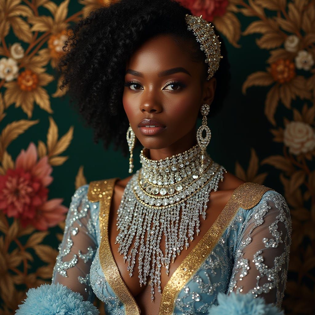 Regal Woman Adorned in Crystal Beaded Necklace
