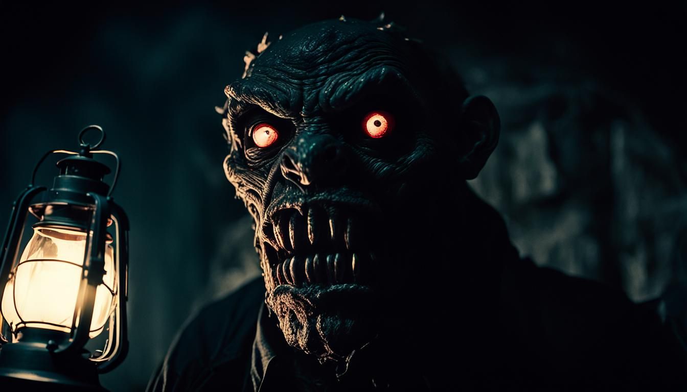 close-up photograph of a terrifying monster, dim lighting, c...