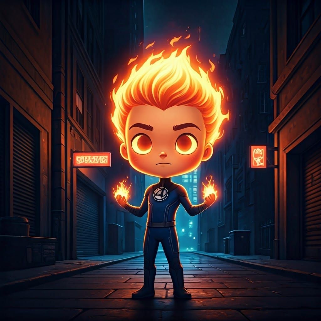 Human Torch Chibi Cartoon in City Alley