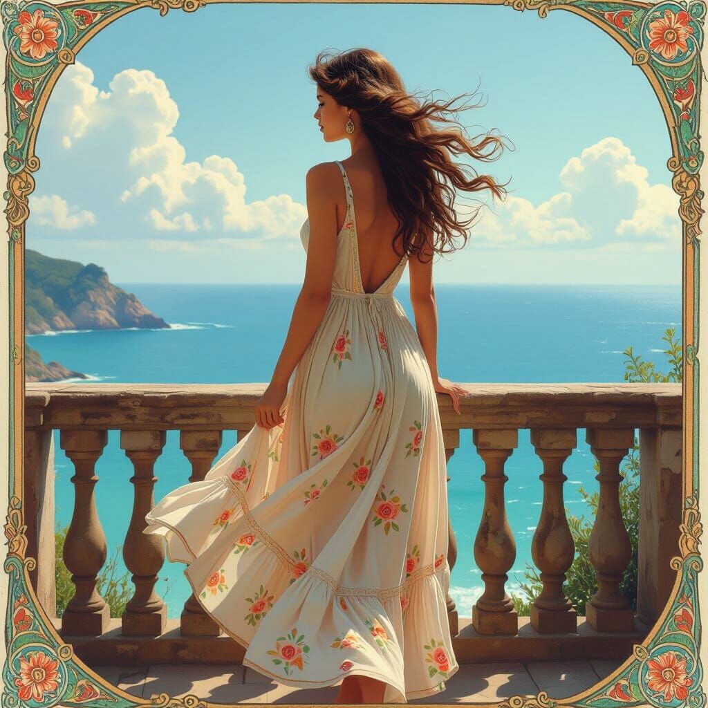 Girl on Balcony in Alphonse Mucha Style