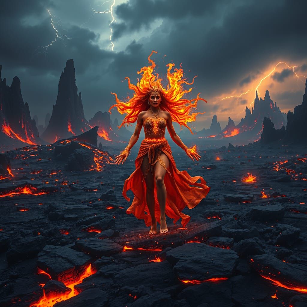 Goddess of Fire Reigns Over Infernal Landscape