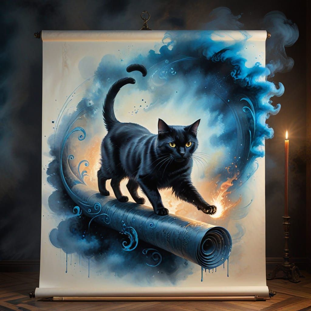 Fluffy Black Cat on Giant Scroll in Blue Smoke, Watercolor A...