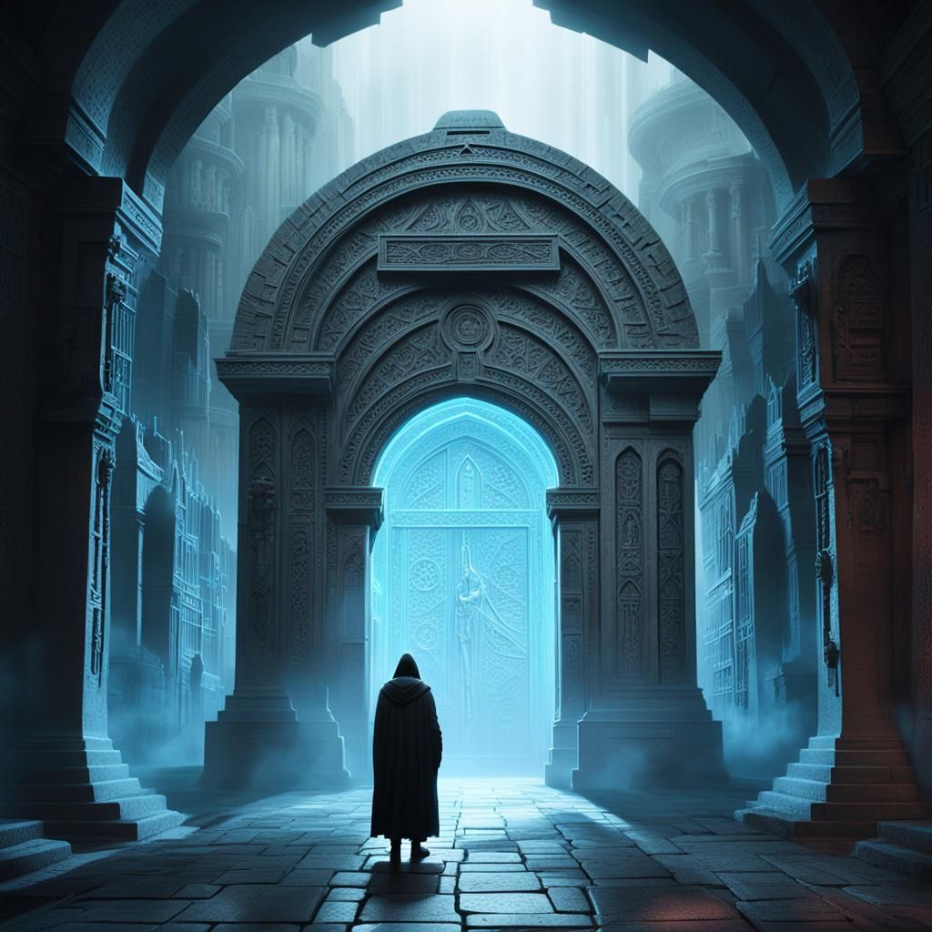 Mysterious Figure at Ancient Door: Sci-Fi Art