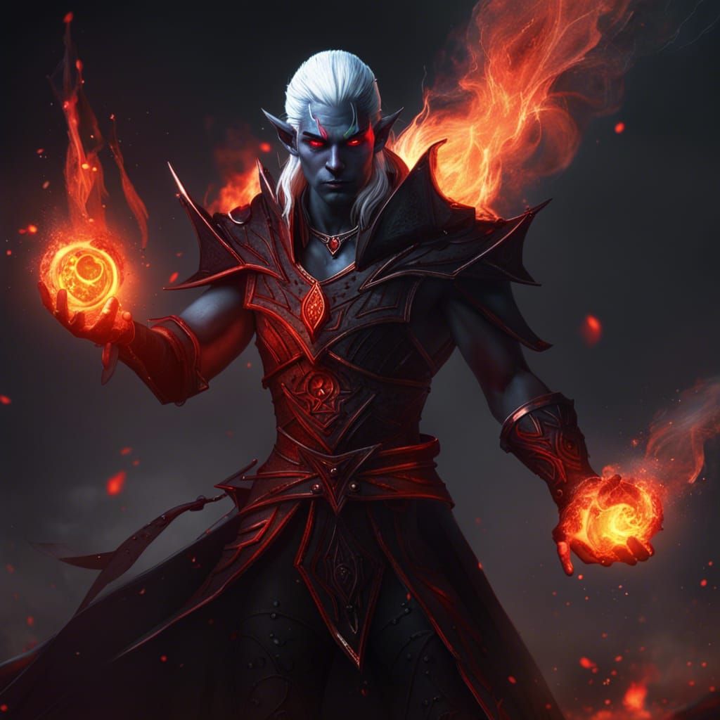 Drow Elf Cleric Casting Fire Spell: Dark Fantasy Art