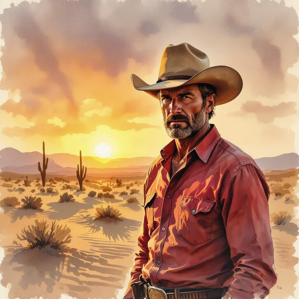 Grizzled Cowboy in Desert Landscape as Watercolor Painting
