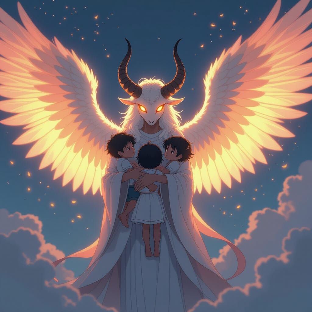 Anime Sky Beast Protecting Children with Ethereal Wings