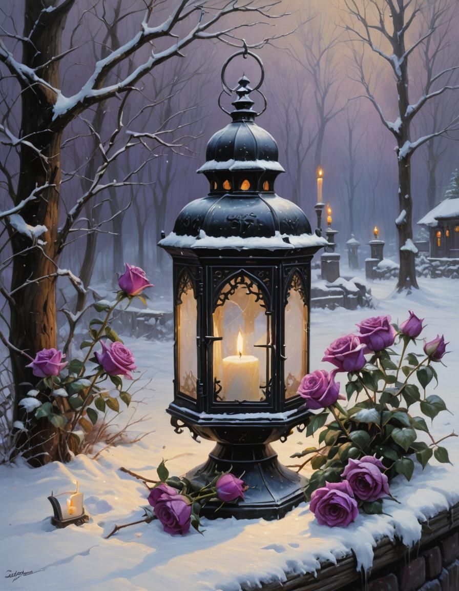 Gothic Lantern in Snow with Roses, Oil Painting