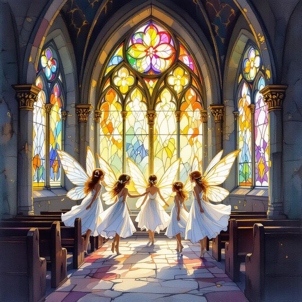 Tiny Fairies in Stained Glass Chapel