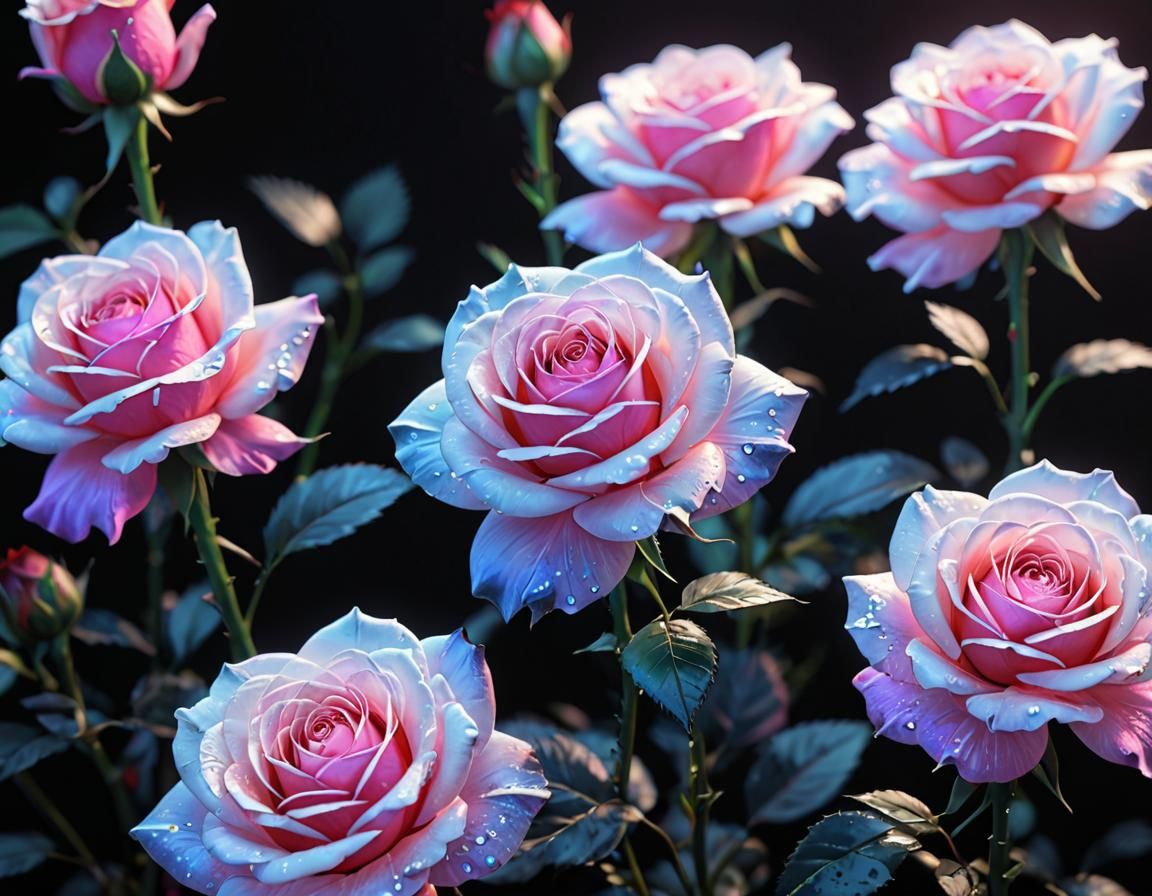 Holographic Black and White Anime Art with Roses