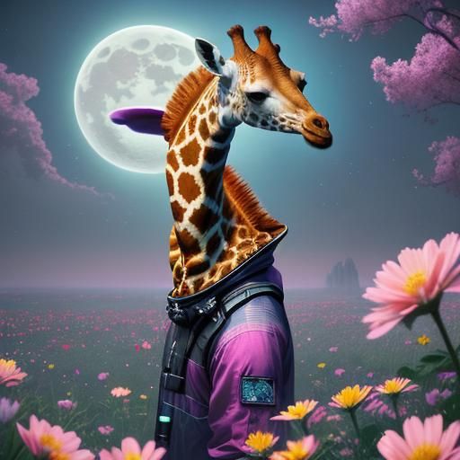Giraffe Moonwalks in Surreal Floral Dreamscape