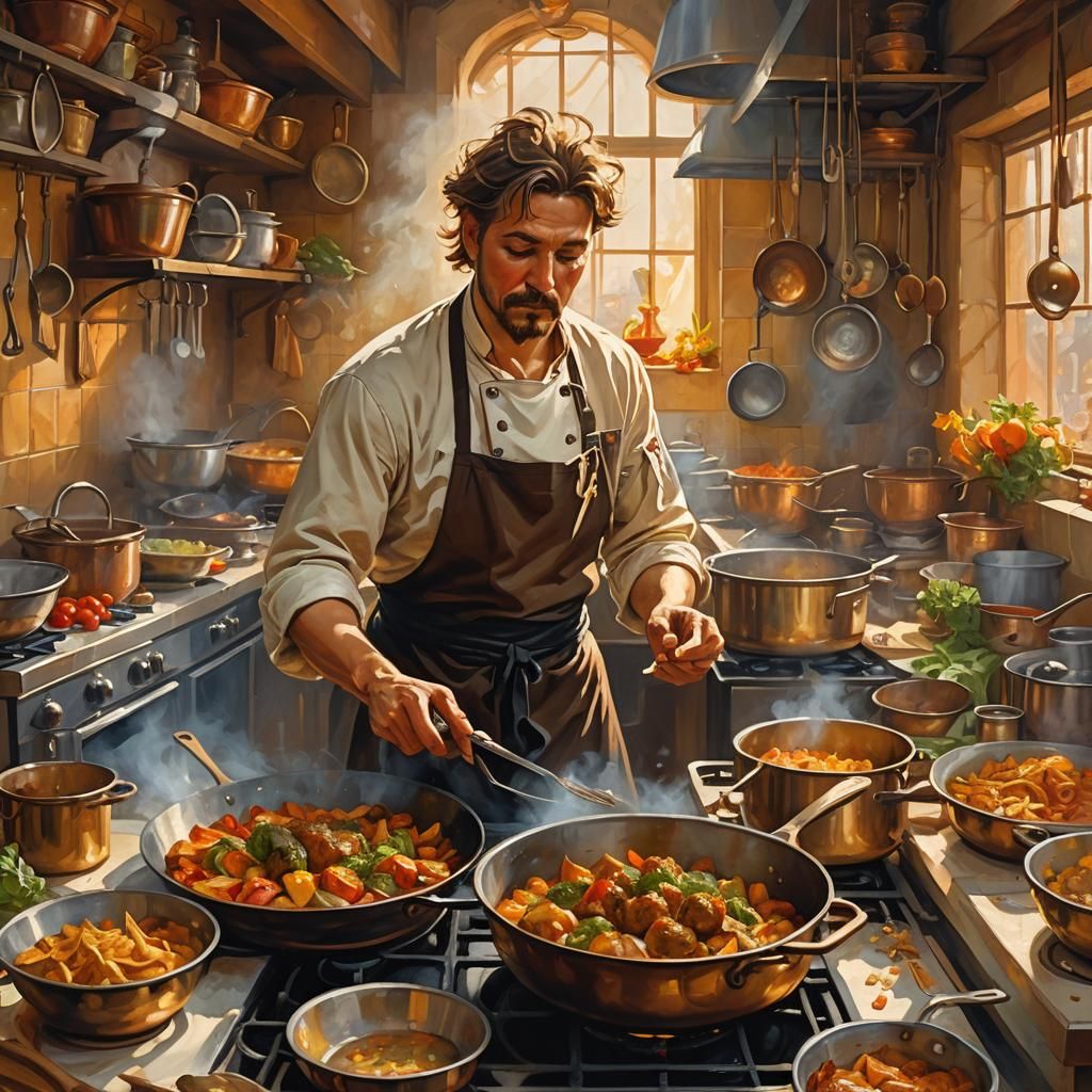 Chef Cooking Shashlik: Oil Painting in Art Nouveau Style