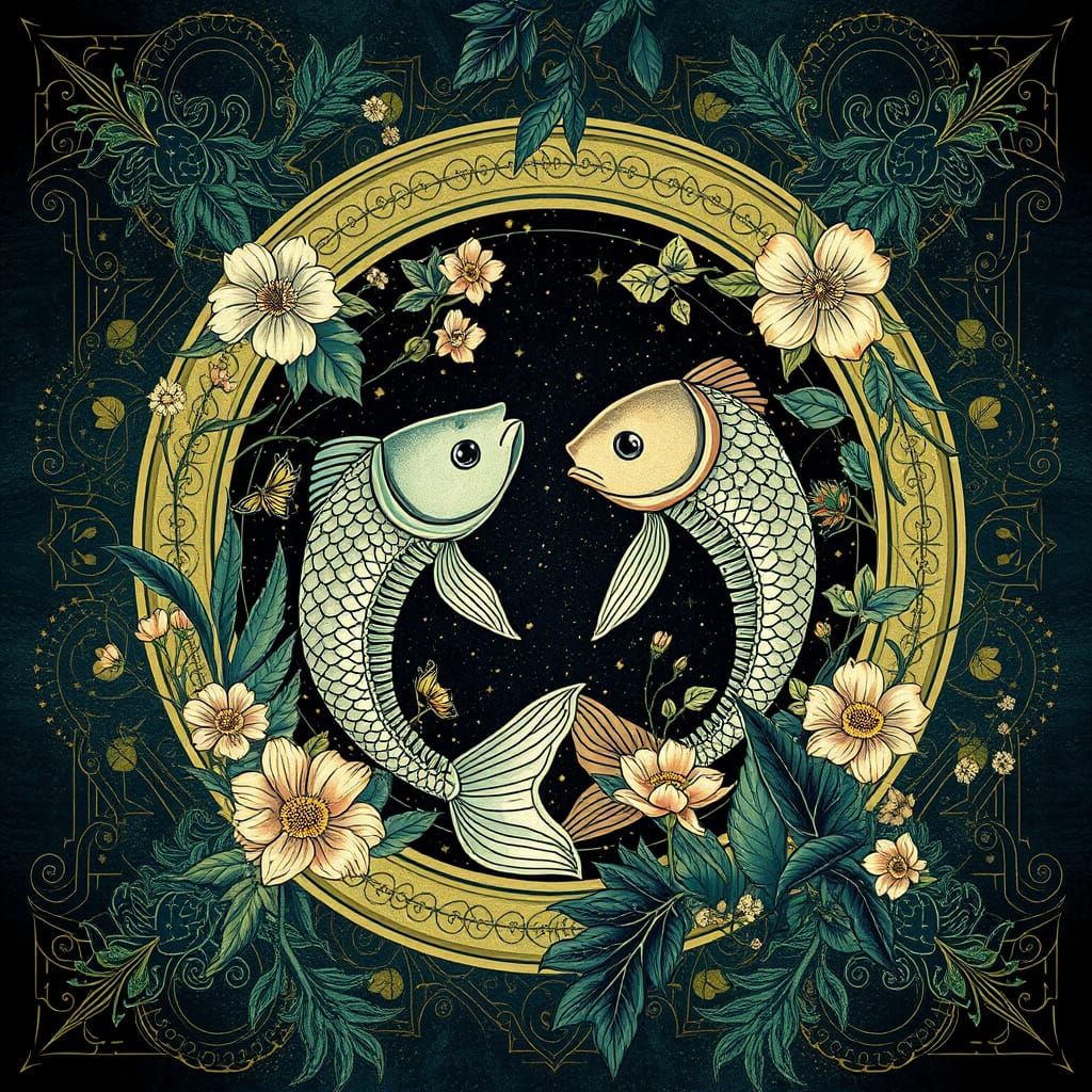 Mystical Pisces Zodiac Scene in Dreamlike Botanical Style