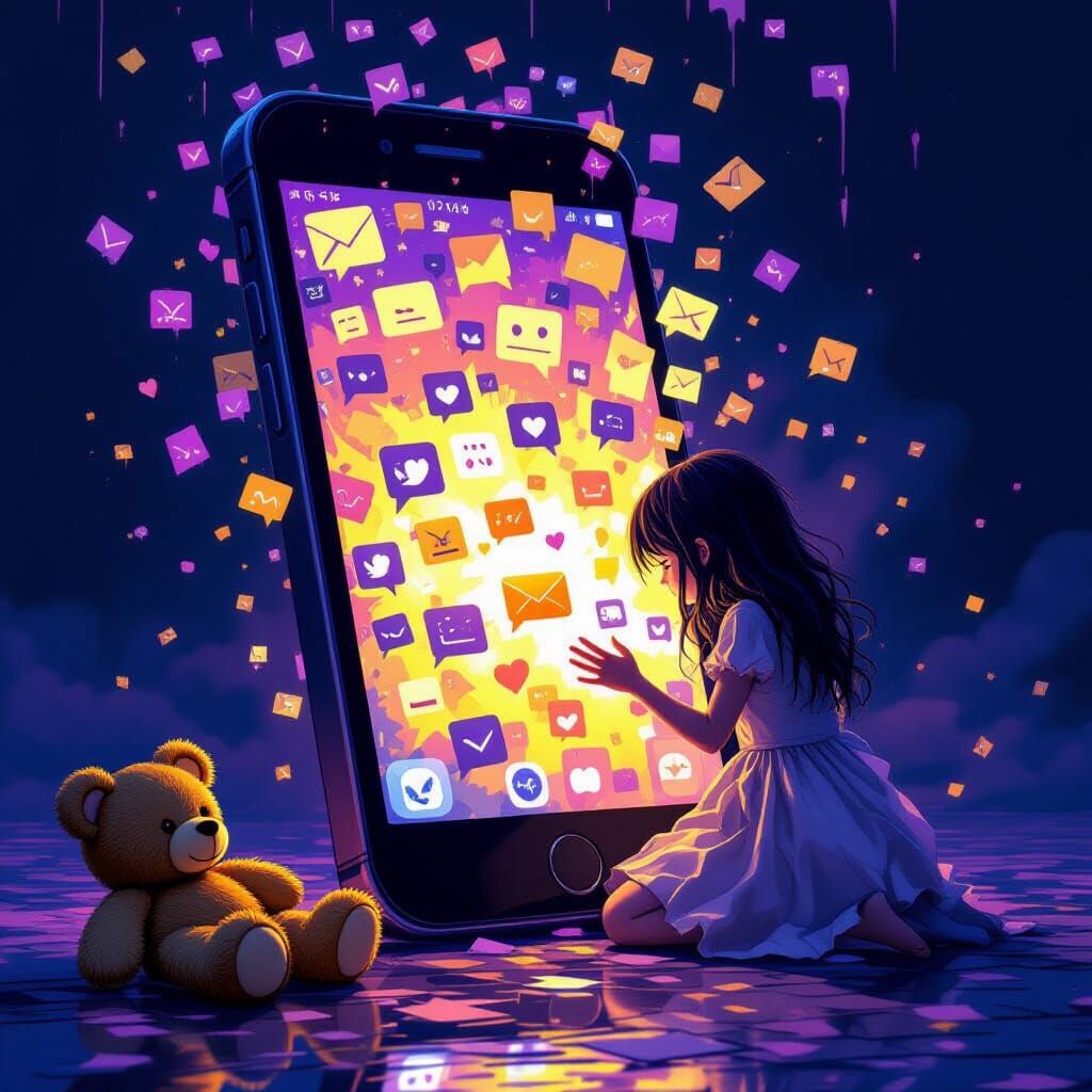 Girl Engulfed by Phone in Dark Fantasy Style