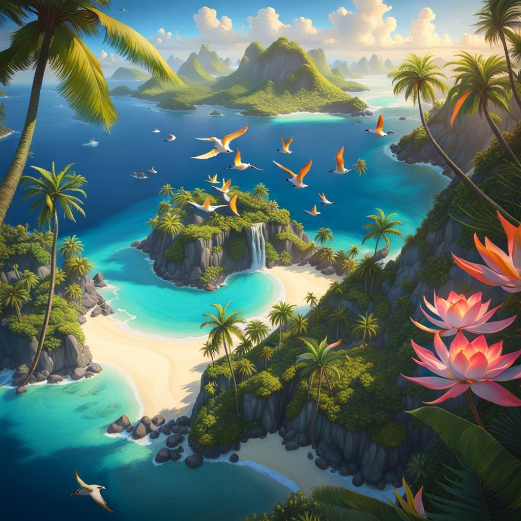 Tropical Island Paradise with Exotic Birds