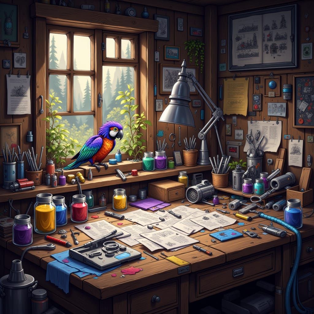 Detailed Hobby Table with Parrot and Tools