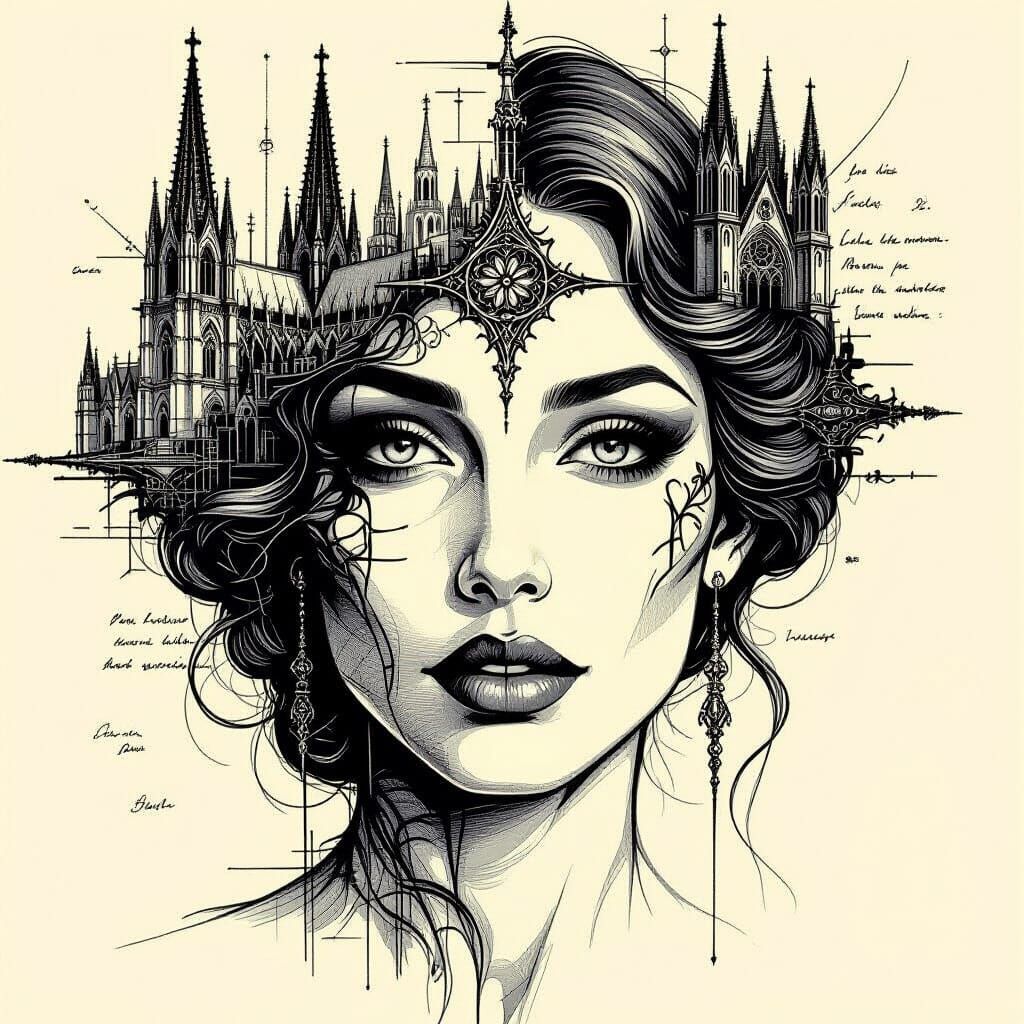 Monochromatic Woman Face Fused With Gothic Cathedral