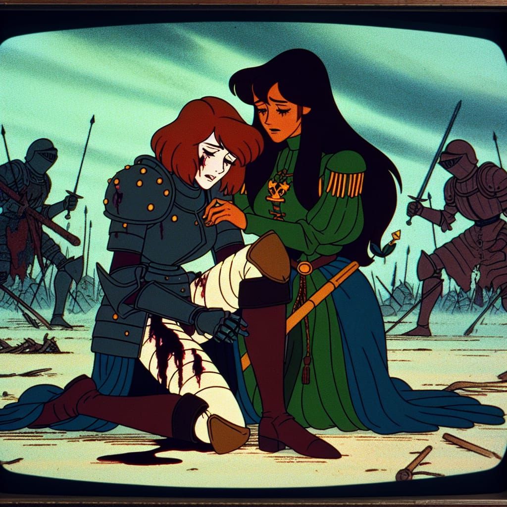 Tender Moment Amidst Battlefield Chaos in Vintage Cartoon St...