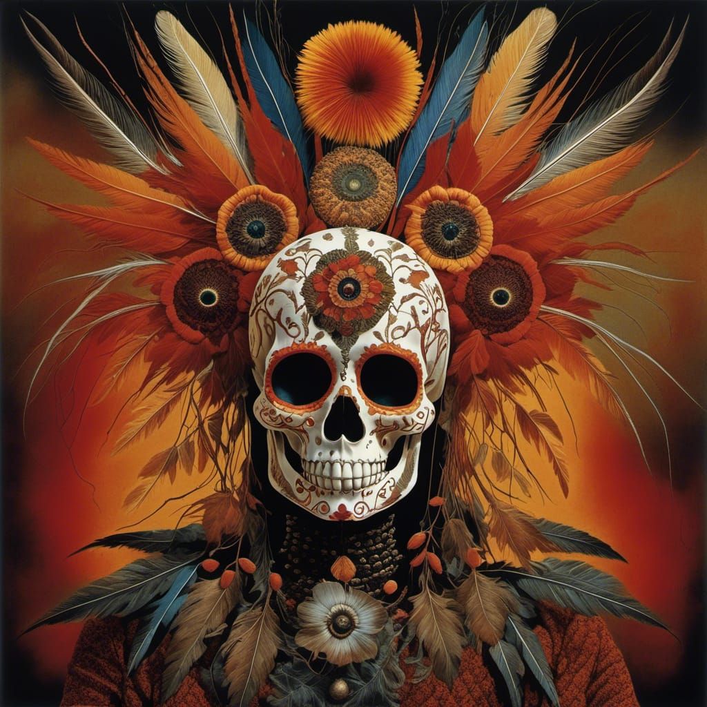 <lora:Red Bird PG2:1.0> Sugar skull shaman Je me souviens des mouvements hésitants de mes rêves/hold tight,professional ...