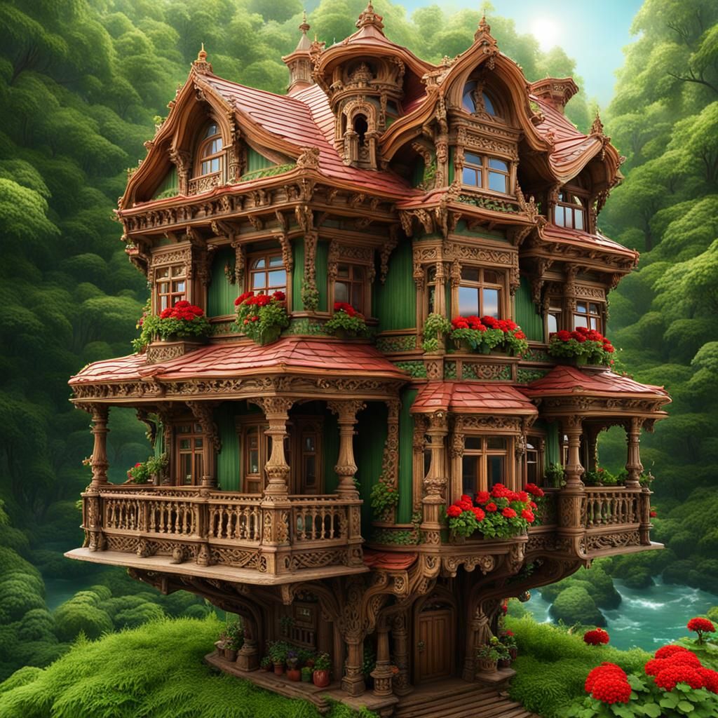 Fantasy Victorian House Flies Over Forest at Sunset