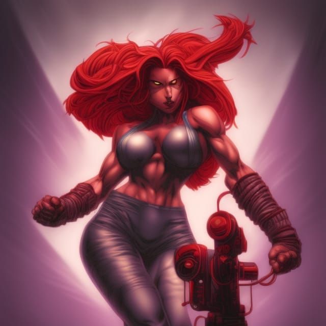 Red Wolf and Anime Muscle Girl in Comic Book Style