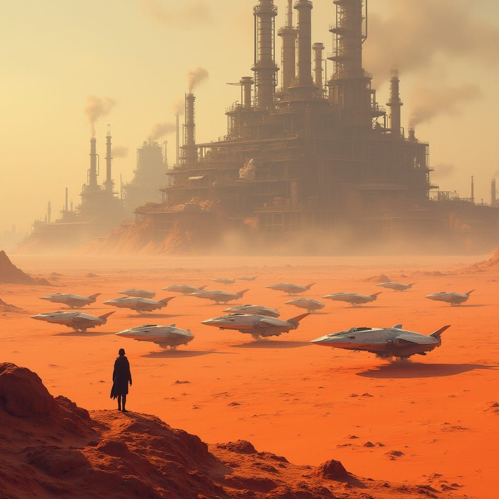 Red Desert Oasis with Futuristic Refinery and Spacecraft