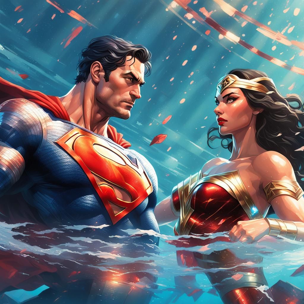 Superman and Wonder Woman Relaxing in Pool