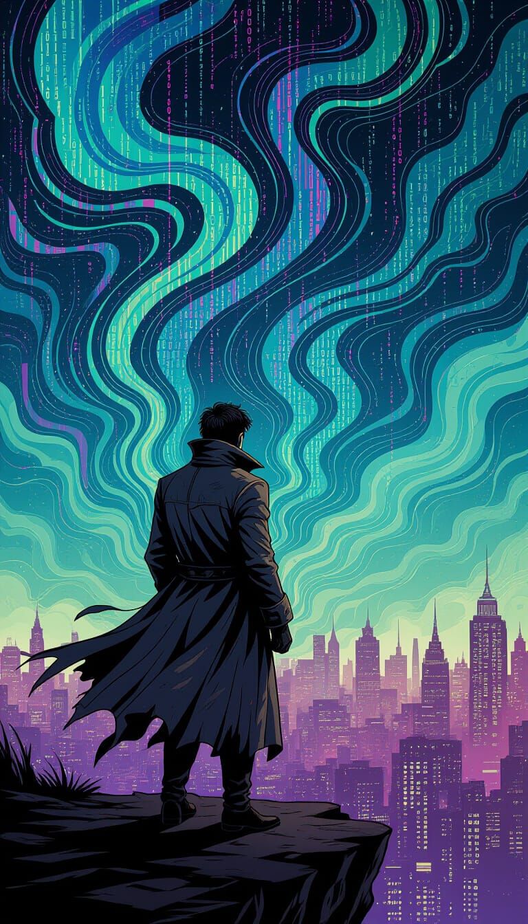 Victorian Figure Gazes at Digital Cityscape