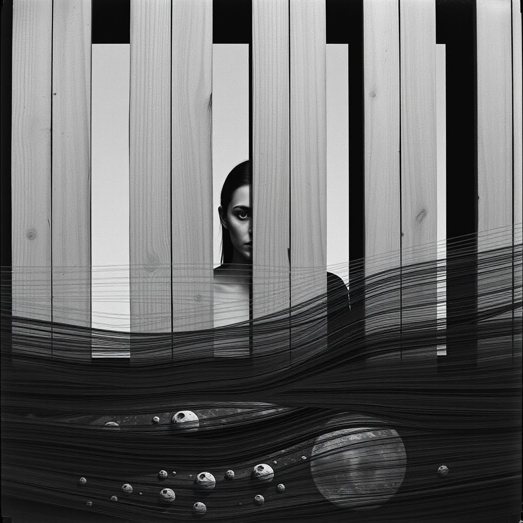 Surreal Faceless Figure Emerges from Slats in Silver Nitrate...