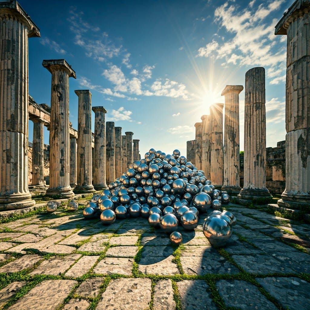 Ancient Greek Temple Ruins with Metallic Balls in Brilliant ...