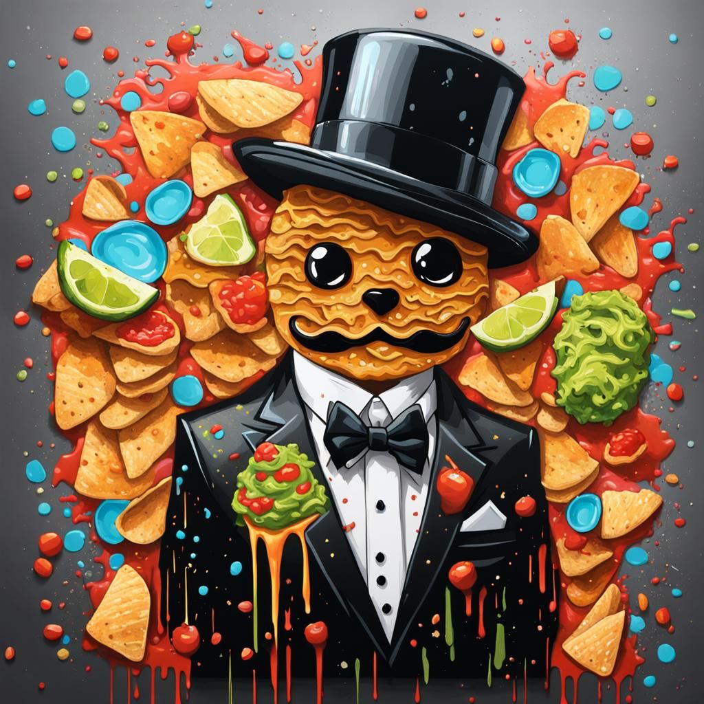 A person wears a tuxedo made with crispy taco shell