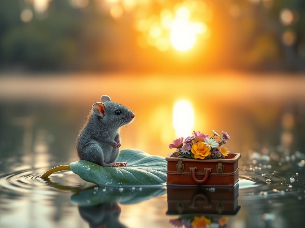 Mouse Floating on Leaf at Sunset