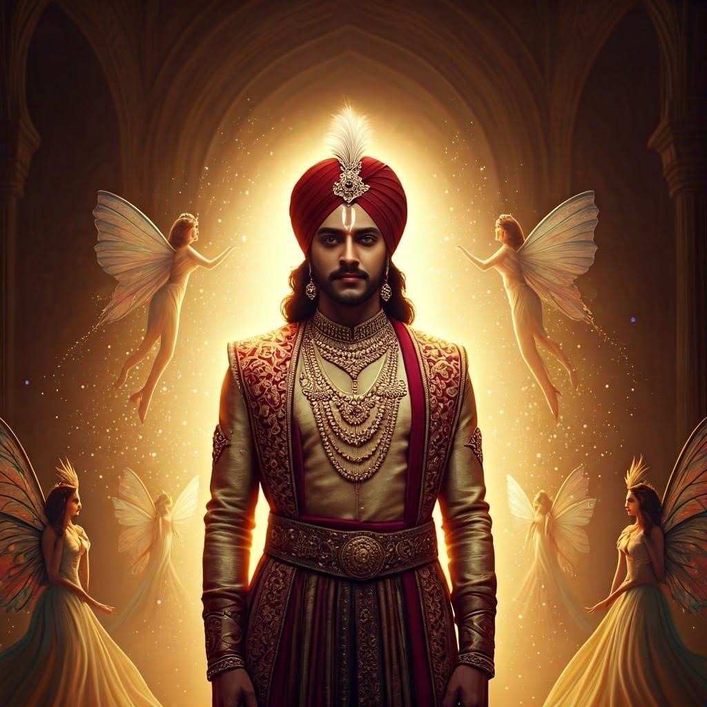 Regal Figure Amidst Magical Creatures and Fairy Dust