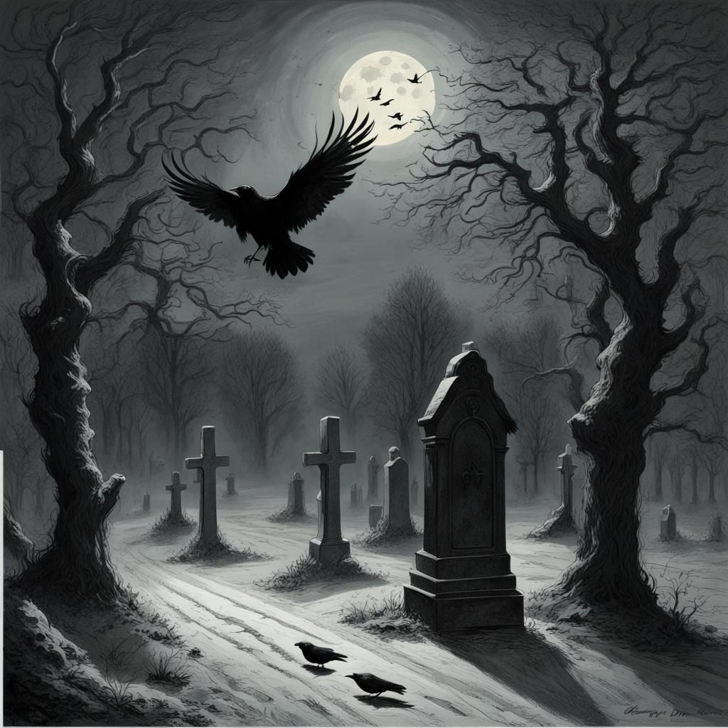 Spooky Graveyard with Raven in the Moonlight