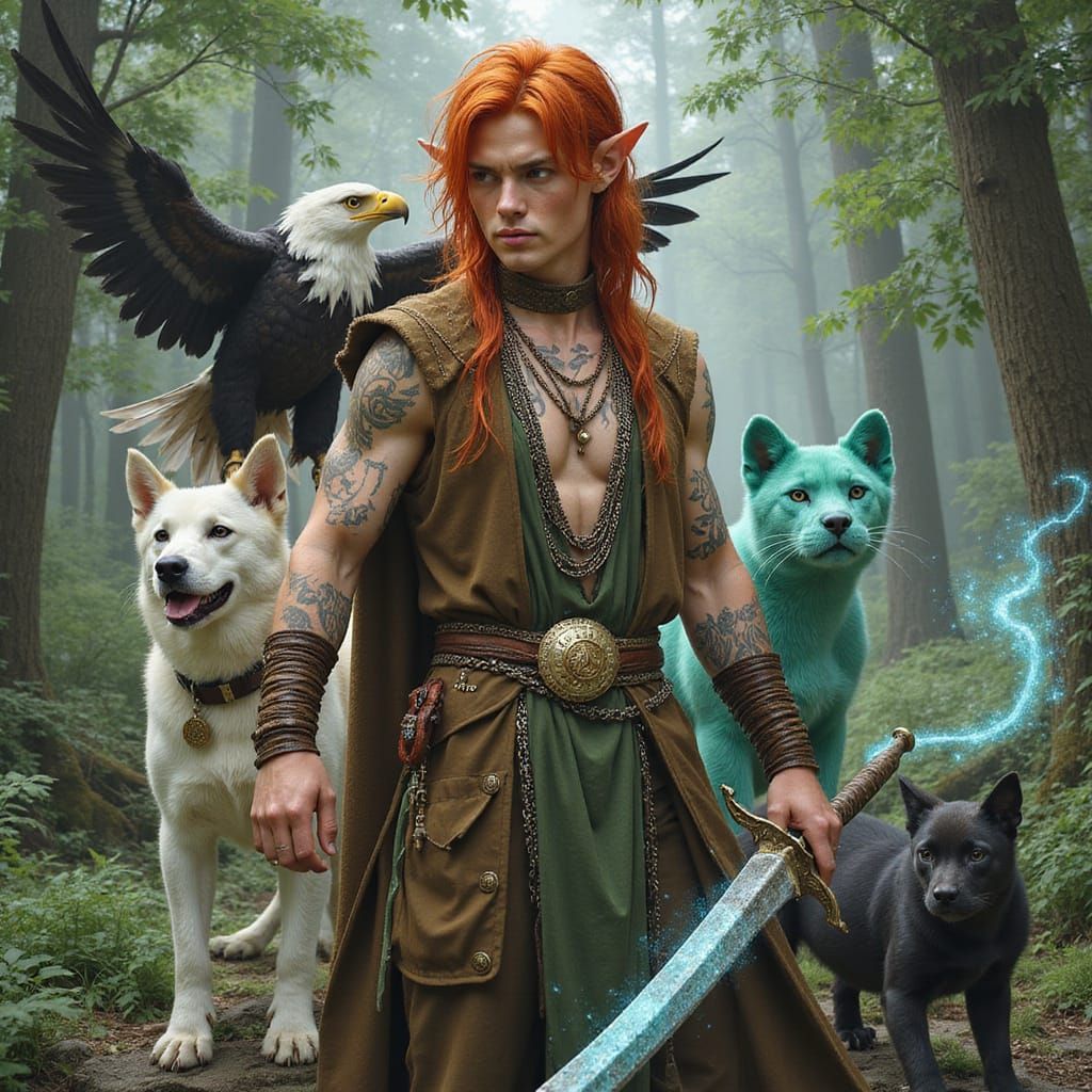 Copper Elf Ranger with Magical Animals, Painterly Style