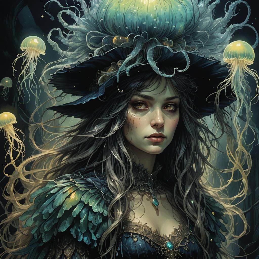 Young Witch with Jellyfish Hat: Dark Fantasy Illustration