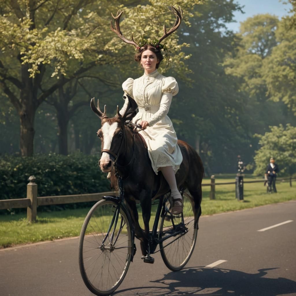 Edwardian Woman with Antlers Rides Bicycle