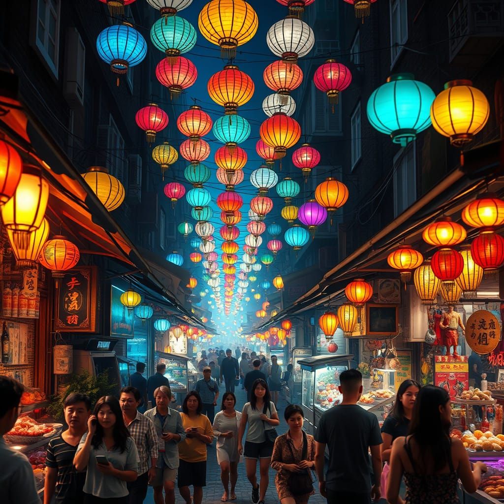 Vibrant Night Market with Lanterns and Bustling Alleys