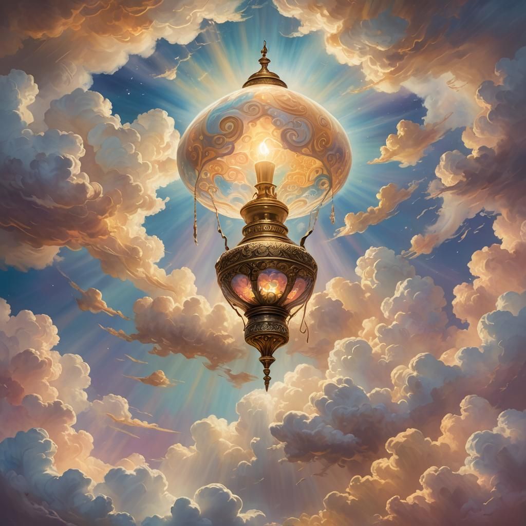 Glowing Lamp Floating in Clouds: Visionary Art