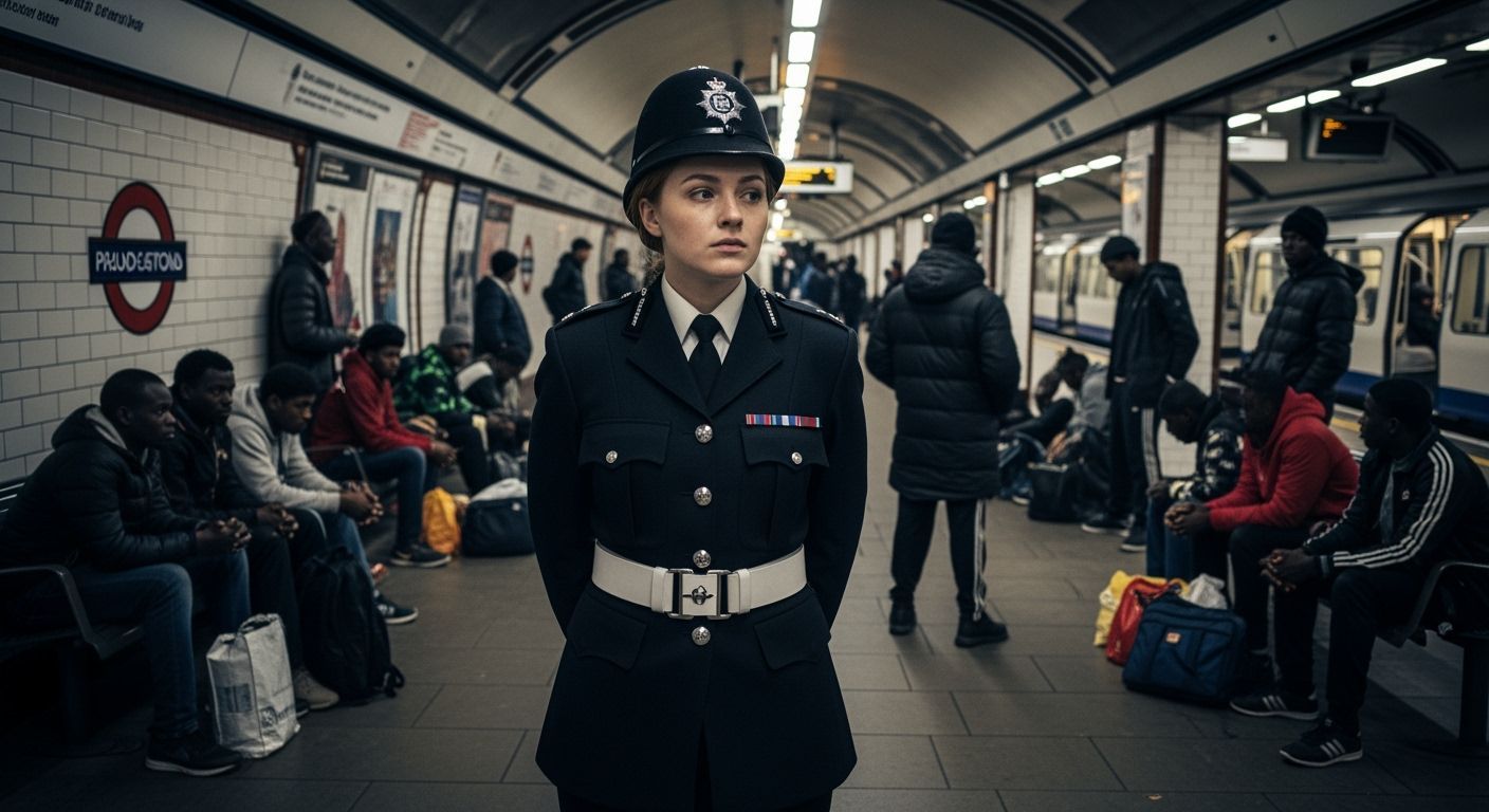 British Police Officer Surveys Migrant Gathering in London U...