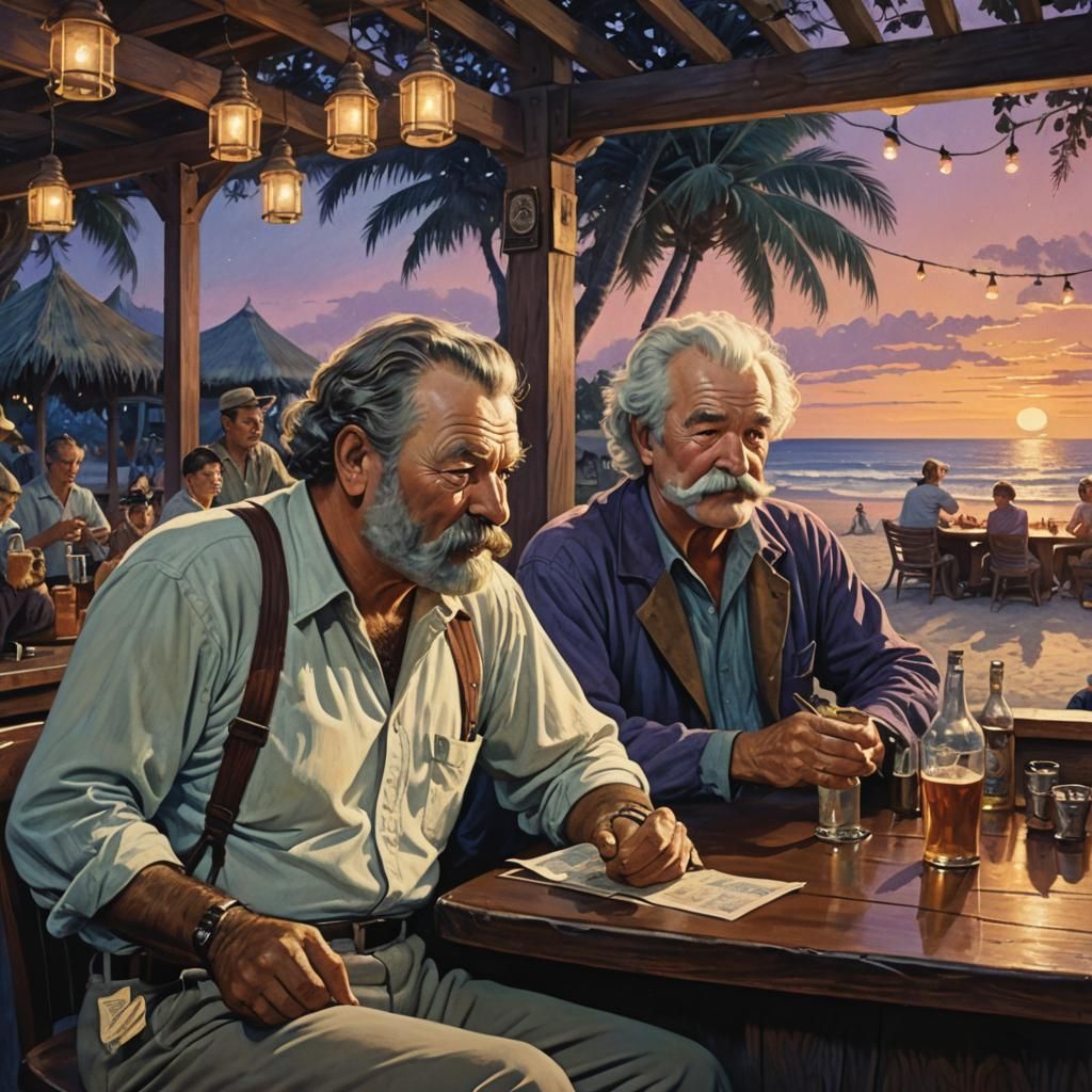 Hemingway and Twain at Beach Bar, Illustrated Style