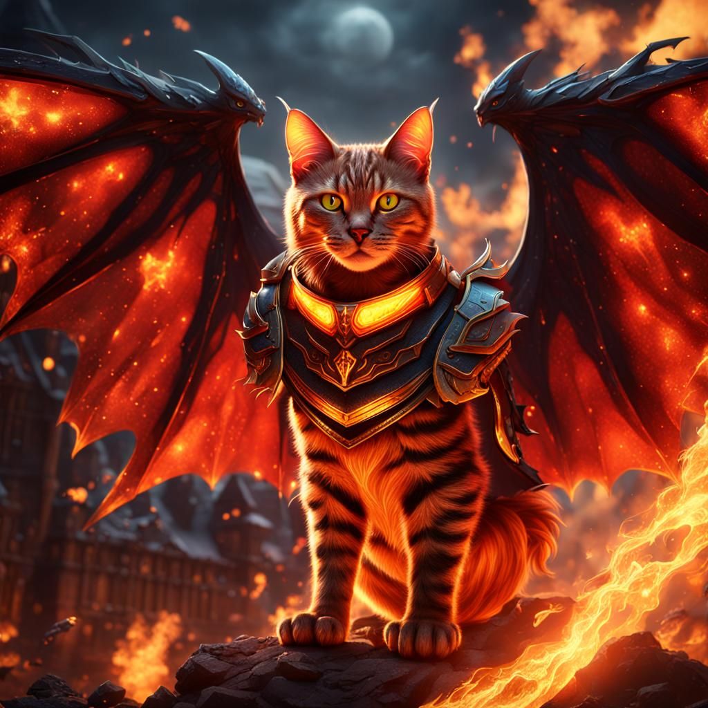 Fiery Bat-Winged Cat: Detailed Fantasy Concept Art