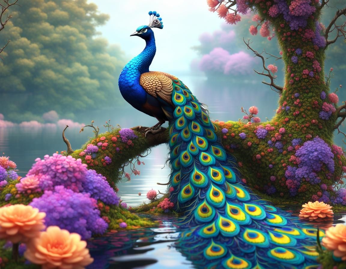 Fractal Peacock on Riverbank in Dreamy 3D Rendering